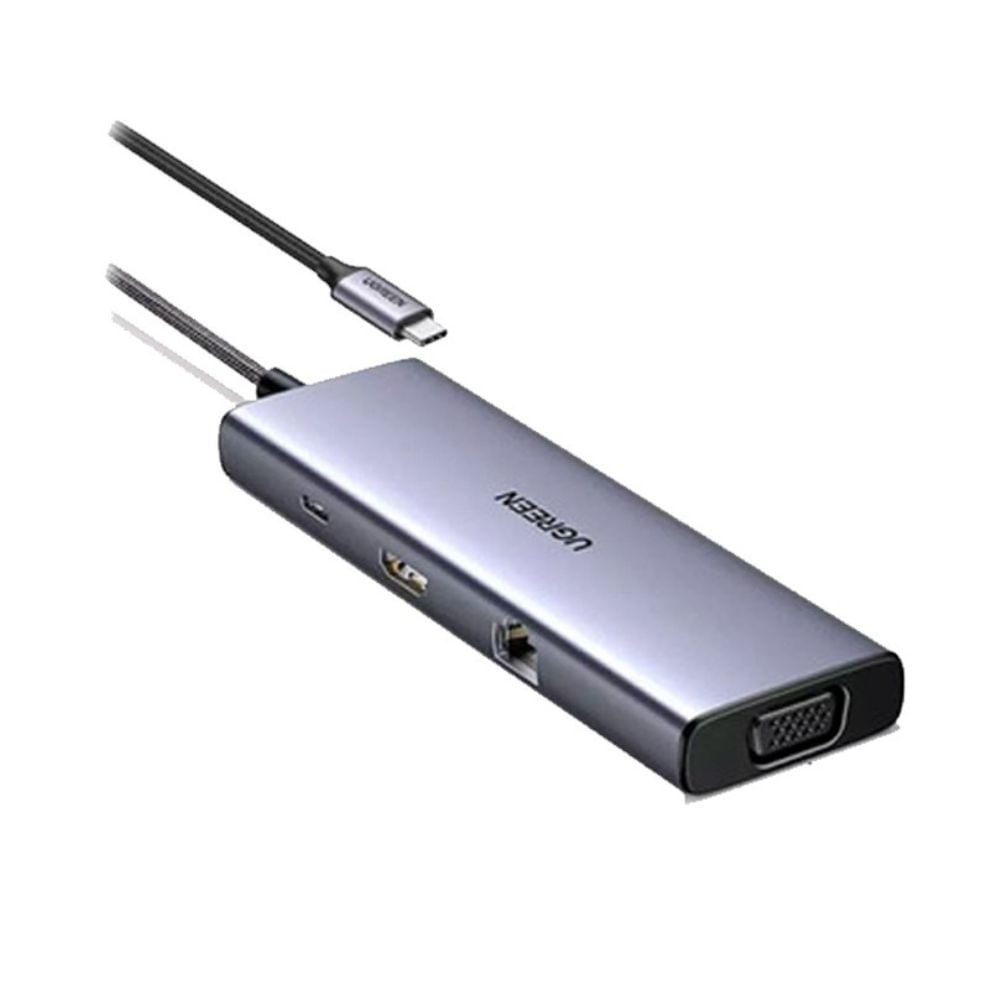 Hub adaptador, Ugreen CM498 15600, 9 en 1, USB-C, HDMI 4K, VGA, RJ45, SD/TF, PD 100W, gris